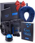 GIFTIER Get Well Soon Gift Basket – Care Package for Men w/ Memory Foam Pillow, Massage Roller, Plush Blanket, Socks, Puzzle Book, Greeting Card Curated After Surgery, Navy Blue (GETWELL_M)