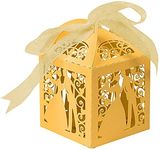 Vinayakart Paper 50 Pcs Wedding Candy Boxes Couple Design Luxury Laser Cut Party Wedding Favor Ribbon Candy Boxes Gift Box Table Decorations (Yellow)