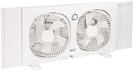 Comfort Zone 9-Inch Twin Window Fan with 2-Speed Independent 180° Rotating Fan Heads, Auto-Locking Expanders & Removable Bug Screen, Reversible Exhaust Fan for Bedroom or Home