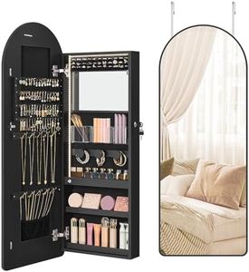 SONGMICS Wide Jewelry Organizer, LED Jewelry Cabinet Wall/Door Mounted, Arched Mirror with Storage, Lockable, Rounded Corner, Interior Mirror, Christmas Gifts,3.9 x 16.5 x 42.5 Inches, Ink Black