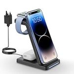 GEEKERA Wireless Charger Stand, 3 in 1 Wireless Charging Station for iPhone 15/14/13/12/11/Pro/Pro Max/XS/XR/X/8, Fast Charging Stand for Apple Watch 2-Ultra, Docking Station for AirPod Pro/3/2-Black