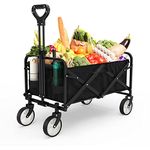 Collapsible Folding Wagon, Heavy Duty Utility Beach Wagon Cart with Side Pocket, Large Capacity Foldable Grocery Wagon for Garden Sports Outdoor Use