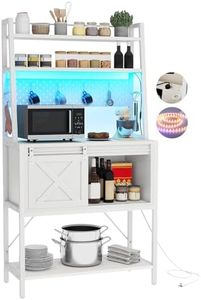 DWVO Bakers Rack with Power Outlet and LED Light, Microwave Stand Cabinet with Sliding Storage Drawer Barn Door, Farmhouse Kitchen Tall Coffee Bar Table with 4-Tiers Shelf and 8 Hooks (White)