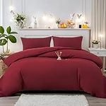 AYSW Bedding Set and Fitted Sheet Double Size 4 Pieces 110GSM Brushed Microfiber Duvet Cover with Pillowcases Luxury with 30cm Deep Pocket Bed Sheet Soft Duvet Cover Fade Resistant Burgundy