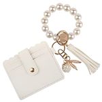 Guran Wristlet Wallet Bracelet Keychain,Card Holder Purse Tassel Keychain Bangle Key Ring for Women, Pearl, 14cm