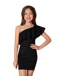 WDIRARA Girl's One Shoulder Ruffle Trim Flounce Sleeve Pencil Party Birthday Dress, Black, 12 Years