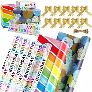 OundarM 3 Mini Rolls Birthday Wrapping Paper Colourful Gift Packaging Set- 17" x 10 ft per Roll, Includes 10 Pcs Pull Bows and 1 Roll of 30 Feet Elastic Rope, Recyclable Gift DIY Wrapping Paper for Kids Women Men Birthday Wedding Bridal Baby Showers Christmas Crafts Holidays