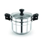 Praylady Multi-Purpose Cookpot with Glass Lid - Includes Strainer and Steamer Pot, Triply Base, Sandwich Bottom, Heat-Resistant Silicone Handles for Cooking, Steaming, and Frying, Includes 4 idly Plate