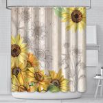 AIBIIN 180x180cm Summer Sunflower Shower Curtain Floral Barn Decorative Bath Curtain Rustic Farmhouse Country Wooden Plank Bathroom Curtain with 12 Hooks