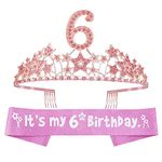 EBE EmmasbyEmma 6th Birthday Sash and Tiara for Girls - Fabulous Glitter Sash + Starry Sky Rhinestone Pink Premium Metal Tiara for Girls, 6th Birthday Gifts for Princess Party