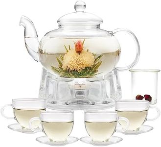 Glass Teapot Set, 34OZ/1000ML Glass Tea Kettle with Loose Tea Infuser & Warmer, 5oz/150ML Tea Cup & Saucer Set of 4, Stovetop & Microwave Safe Tea Maker, Blooming Tea Gift Set for Women