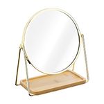 Navaris Vanity Mirror with Tray - Double-Sided Table Top Makeup Mirror with 1x/2x Magnification and Bamboo Base - For Bathroom, Bedroom, Desk - Gold