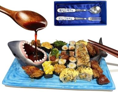 Wasachi Shark Sushi Plate Ceramic Cute Japanese Blue Hand Painted Dinner Party Plates Food Safe Materials Soy Sauce Dumpling Bowl with Birthday Plates Suitable for Microwave（Chopsticks and spoon set）