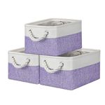 Small Storage Baskets with Rope Handles, Collapsible Fabric Storage Box, Small Linen Basket for Bedroom Bathroom Cupboards Shelves Wardrobe (31x21x16cm/3 Pack, White Purple)