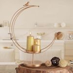 Famia Home Antique Gold Moon Shaped Metal Pillar Candle Holder Centerpiece, Handcrafted Tealight Hurricane Candlestick Stand Perfect for Pooja, Festival & Weddings (28 x 12 x 40 cm)