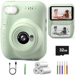 Hangrui Kids Camera Instant Print,3.0'' 1080P Kids Instant Print Camera with 32G Card,3 Rolls Printing Paper and 5 Color Pens, Gift Toy for Girls Boys 3-12 Years Old -Green