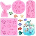 Mujiang Mermaid Theme Cake Fondant Mold Seahorse Seashell Starfish Mermaid Tail Silicone Mold for Cake Decoration Sugarcraft Chocolate Cupcake Topper Gum Paste Polymer Clay Set of 4