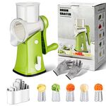 Masthome Cheese Grater Rotary, Vegetable Slicer with 5 Replaceable Stainless Steel Drum Blades,Cheese Shredder with Strong Suction Base, Round Cheese Grater for Kitchen, Send Cut Proof Gloves, Green