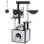 PAWZ Road Cat Tree with Litter Box Enclosure, 56.7" Modern Cat Tower with Storage Cabinet and Spacious Wood Cat Condo, Sisal Covered Scratching Post and Repalcable Dangling Balls, Black