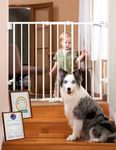 Babelio 26-43" Auto Close Baby/Dog Gate for Stairs, 2-in-1 Easy Swing Doorway and Hallway Pet Gate, with Extra-Wide Walk Thru Door and Threshold-Free Design, White