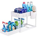 Puricon 1 Pack Under Sink Storage Kitchen Organiser, 2 Tier Under Sink Shelf with Slide Out Drawer, Multi-Purpose Under Sink Bathroom Storage Rack for Countertop Laundry -White