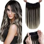 LaaVoo Wire Hair Extensions Human Hair Black Balayage Fish Line Hair Extensions Human Hair Natural Black to Silver Grey Mix Black Balayage Wire Extensions Real Hair For Women Hidden Line 16 Inch 80g