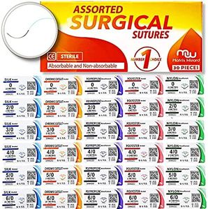 Sutures Thread with Needle (30PK Mix Absorbable: Chromic; Non-Absorbable: Silk, Nylon, Polyester, Polypropylene: 0,2-0,3-0,4-0,5-0,6-0) - Surgical Stitch Kit; Medical, Vet, RN's Hospital Training