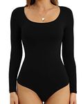 LAOLASI Women Scoop Neck Bodysuits Long Sleeve Bodysuit Sexy Slim Fit Cut Body Suit Jumpsuit Basic Tee Tops,Black,S