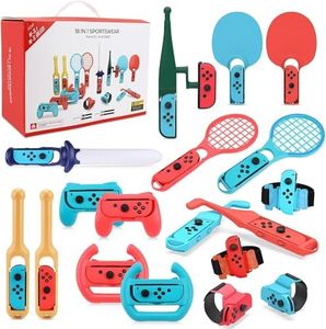 XICEN 18 in 1 Switch Sport Games Accessories Bundle for Nintendo Switch Games, Family Bundle Accessory Kit with Tennis Racket Controller Grips Racing Wheel Bandage Golf Club Wheels Drum Stick Fishing Rod