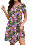 WEACZZY Short Casual Loose Dresses for Women Tshirt Dresses Swing Beach Cover up Dress with Pockets,Floral Purple Flower Green,Large