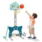 Basketball Hoop for Kids 4 in 1 Sports Activity Center Grow-to-Pro Adjustable Easy Score Basketball Hoop Football/Soccer Goal Golf Game Ring Toss Best Gift for 3+ Years Baby Toddlers (Blue Green)