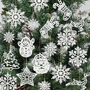 Christmas Tree Decoration Snowflake Ornaments - 42pcs White Glitter Christmas Snowflake Tree Stocking Snowman Reindeer Santa Hanging Ornaments for Xmas Winter Wonderland Holiday New Year Party