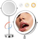 Nicesail LED Lighted Makeup Mirror Tabletop, 10X Magnifying Mirror with 3 Color Lights, Brightness Adjustable Height Adjustable, Double Sided Mirror in Chrome Finish (8 Inch, 10X)