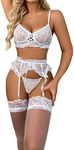 FAIRYMEI Lingerie for Women 3 Piece Lingerie Set with Garter Belt Bra and Panty Sets Sexy Lace Bodydoll Teddy Lingerie…, White, Medium