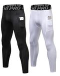 LNJLVI 2 Pack Men's Compression Pants Active Base Layer Tights Workout Running Leggings with Phone Pockets(Black-White Medium)