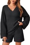 MEROKEETY Women's 2 Piece Outfits Fuzzy Fleece Sweater Set Long Sleeve Tops and Shorts Pajamas Set, Black, Medium