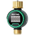 RESTMO Water Flow Meter, 360° Rotatable Control Panel and Brass Inlet & Outlet, Measure Gallon/Liter Consumption and Flow Rate for Garden Hose Nozzle Watering, RV Water Tank Filling, Lawn Sprinkler