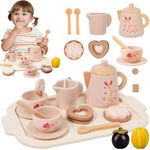 Seyaom Wooden Tea Party Set for Little Girls，Play Kitchen Accessories for Toddlers Princess Tea Time Party Food Toys for 3 4 5 6 Years Old Gifts