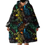 Sleepwish Wearable Blanket Hoodie Video Game Sherpa Fleece Hooded Blanket for Boys Girls, Modern Teal Red Gaming Blanket Sweatshirt with Giant Pocket and Sleeves (Black Colorful, Kids 54" x 28")