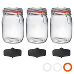 Argon Tableware Glass Jars with Airtight Metal Clip Lid & Chalkboard Stickers - 1000ml/33.8oz - 3 Pack - 4 Colour Seals - Round Container Preserving Jar for Pickling, Chutney, Jam, Coffee