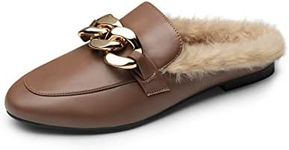 DREAM PAIRS Mules for Women Flats Shoes Comfortable Slip on Closed Toe Slides Loafers with Chain Backless Women’s Mules,Size 9,Brown-Fur,SDML2205W