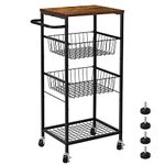 NORCEESAN Rolling Storage Cart 4 Tier Kitchen on Wheels Metal Mobile Utility with Basket Shelf Bathroom Organizer Handle Pantry Trolley Tabletop for Home Office, Black & Brown (R02-R106)