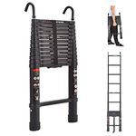 Telescoping Ladder 10.5FT Black Aluminum Step Ladder Portable Extension Folding Ladder with Detachable Hooks, Folded Height 2.7ft Space Saving, 330lbs Load Capacity, for Home, RV, Office