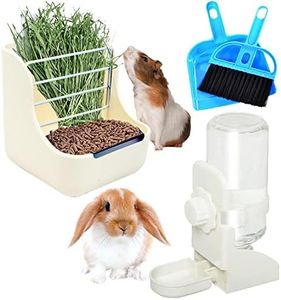 HERCOCCI Rabbit Hay Food Bin Feeder and Bunny Water Bottle Set, Hay Food Feeder Bowls Manger Rack with 500ml Hanging Water Dispenser Prevent Knock Over for Rabbit Guinea Pig Chinchilla (LARGE, WHITE)