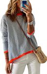 NARURAL Womens Lightweight Cotton Sweaters Long Sleeve Crew Neck Color Block Striped Casual Knitted Pullover Tops, Navy White Placed Stripe, Medium