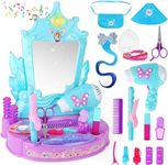 deAO Pretend Play Girls Vanity Set, Portable Makeup Kits with Lights and Sounds, Kids Beauty Salon Set with Real Mirror, Birthday for Girls 3 Year Old Toddler