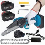 6" Mini Chainsaw Cordless Electric Pruning Shears One-Handed Portable Chain Saw With 2 Battery 2 Chains Safety Lock Gloves Brushless Motor for Branch Wood Cutting Garden Tree Logging Trimming Blue