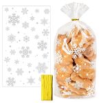 100pcs Christmas Cellophane Bags Snowflake Cellophane Bags Sweet Party Treat Bags for Biscuit Cookies Flat Bottom Clear Christmas Candy Bags with Twist Ties