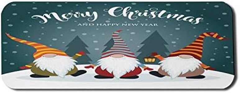 Lunarable Snow Computer Mouse Pad, Merry Christmas and Happy New Year Typography with Bearded Gnomes Doodle Characters, Rectangle Non-Slip Rubber Mousepad Large, 31" x 12", Dark Forest Green