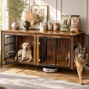 Easyego 78" Dog Crate Furniture with Divider and Bowls for 2 Dogs, Brown